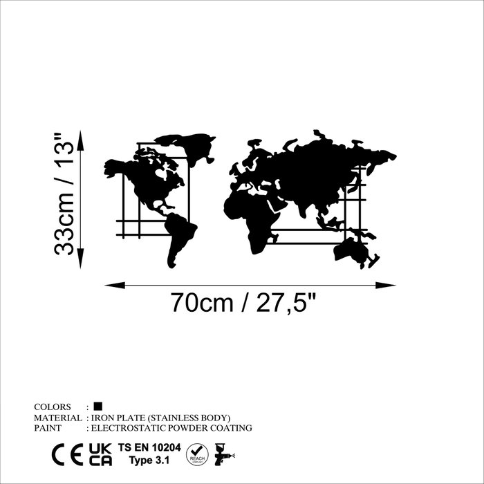 Wallity Mapamundi Decorativo de Pared M Metal Negro 70 x 33 cm